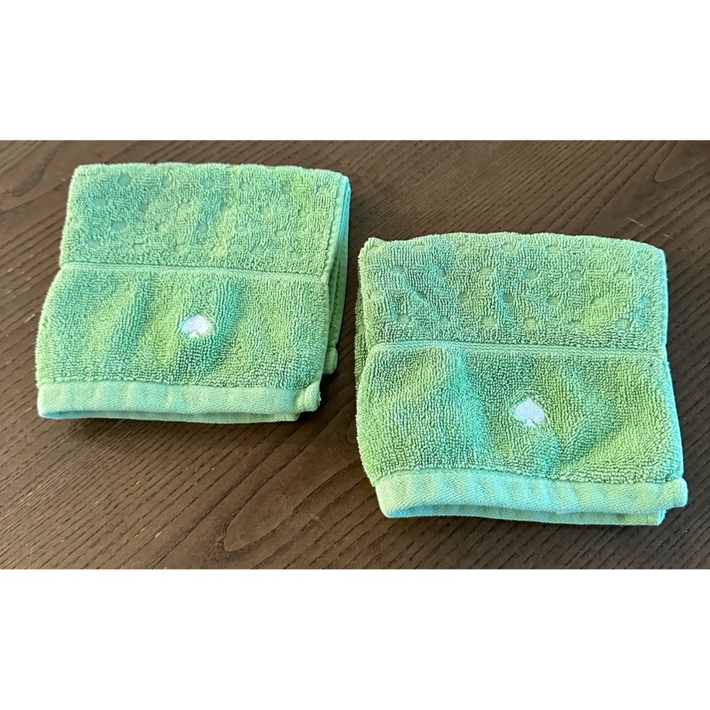Kate‎ Spade 2 Pcs Bath Washcloths Green Dot Textured 12'' 100% Cotton Logo